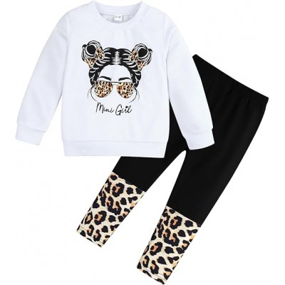 Girl Clothes Figure Graphic Drop Shoulder Top Pullover Leopard Print Pants Fall Winter Outfit Set