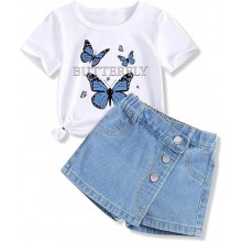 Girls Clothes 2PCS Butterfly Print Short Sleeve T-Shirt Denim Skirt Shorts Set Teen Tween Girls Summer Outfits Set