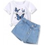 Girls Clothes 2PCS Butterfly Print Short Sleeve T-Shirt Denim Skirt Shorts Set Teen Tween Girls Summer Outfits Set
